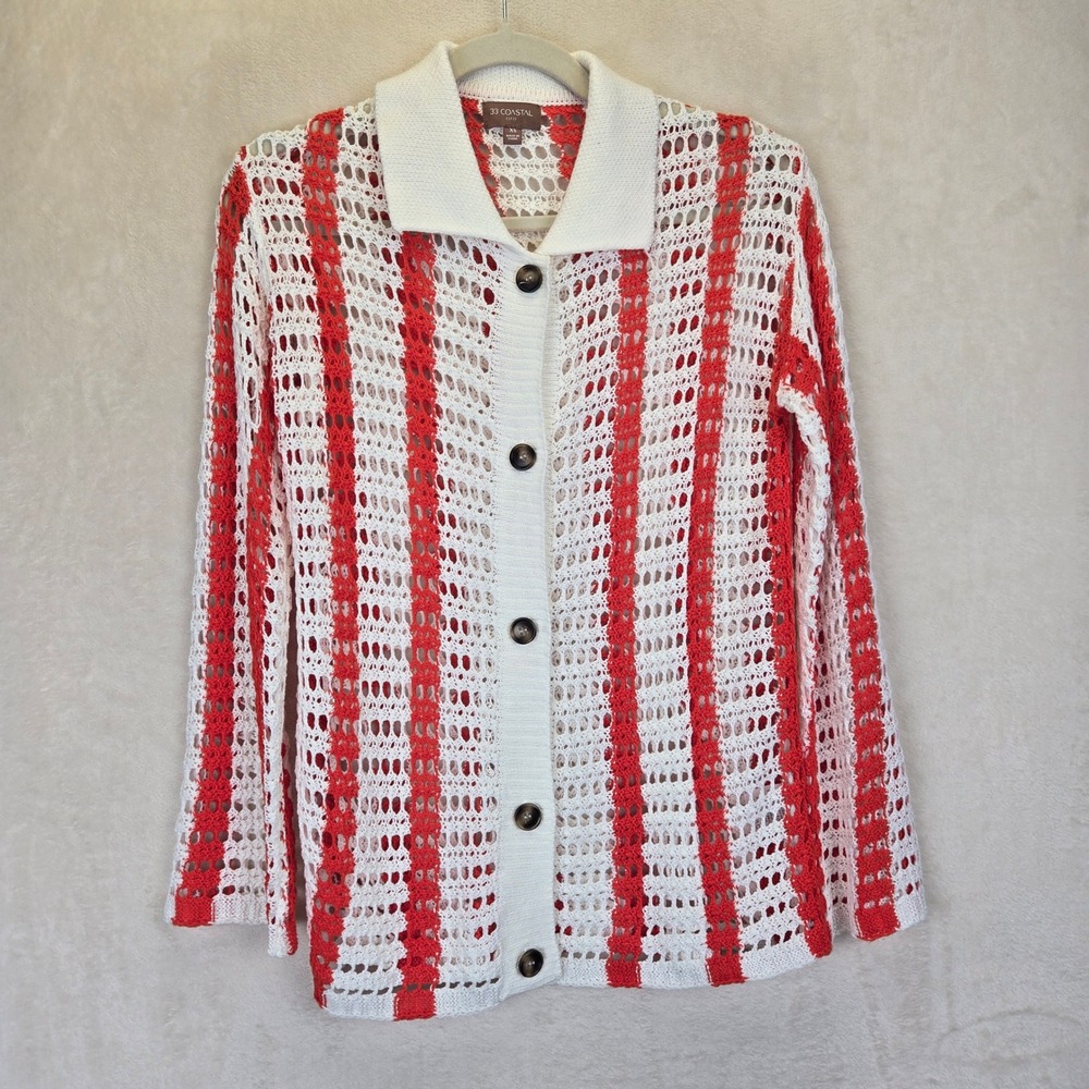 33 Coastal Orange Cream Striped Crochet Knit Button Up Cardigan Sweater XS